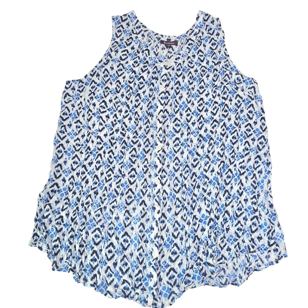 Roamans Womens 36W Ikat Diamond Print Tunic‎ Top Blue White Resortwear Coverup